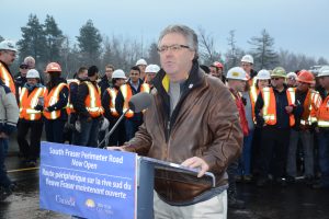 MLA Hamilton, MCs the official opening of the South Fraser Perimeter Road (Highway 17). Photo by Ray Hudson