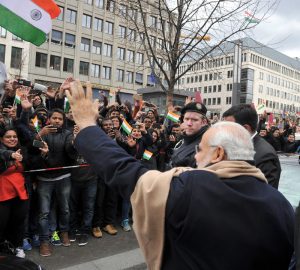 Indian Prime Minister Narendra Modi interacting with the people, on his arrival, at Berlin, in Germany on April 13, 2015..2