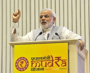 Indian Prime Minister Narendra Modi addressing at the launch of the Pradhan Mantri MUDRA (Micro Units Development and Refinance Agency) Yojana, in New Delhi on April 08, 2015.