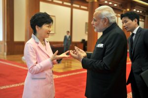 Indian Prime Minister Narendra Modi and the President of Republic of Korea, Ms. Park Geun-hye after making the Press Statements , in Seoul, South Korea on May 18, 2015.