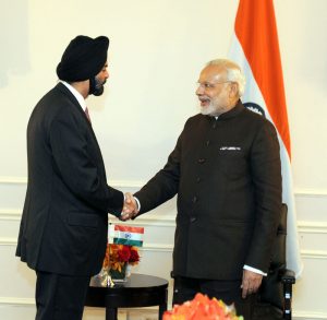 Indian Prime Minister Narendra Modi meets the CEO of Master Card and Chairman of USIBC, Shri Ajay Banga, in New York on September 24, 2015.