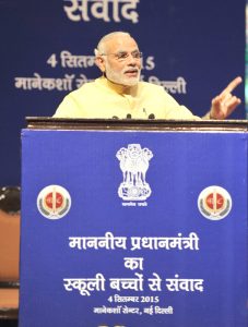 Indian Prime Minister Narendra Modi addressing during his interaction with school children on eve of the Teacher's Day, at Manekshaw Centre, in New Delhi on September 04, 2015.