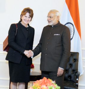 Indian Prime Minister Narendra Modi meets the Chairman of Lockheed Martin, Ms. Marillyn Hewson, in New York on September 24, 2015.