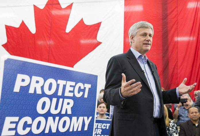 Prime Minister Stephen Harper speaks to supporters during a rally at Hibar Systems Ltd. in Richmond Hill, October 5, 2015.CPC Photo by Jill Thompson