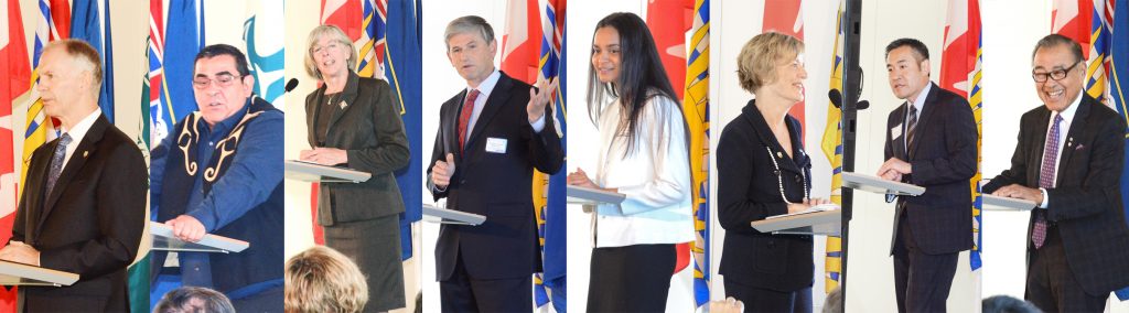 From left: Chancellor Lindsay Gordon event MC, Musqueam Chief Wayne Sparrow, Lieutenant Governor for BC, Judith Guichon, Advanced Education Minister, Andrew Wilkinson, 4th Year Biomedical Student Gunjan Mhapankar, UBC Interim President and Vice-Chancellor, Dr. Martha Piper, Michael H. Lee, Chair, AlumniUBC Board of Directors, and Robert H. Lee Businessman and Philanthropist "Mr. UBC" Photo: Ray Hudson