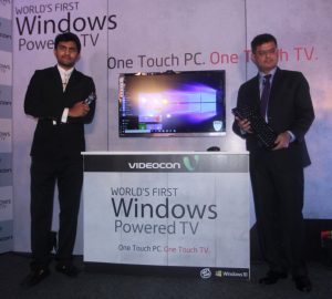 New Delhi: (L to R) Videocon technology head Akshay Dhoot and Microsoft Director (Windows Business Group) Vineet Durani during the launch of Windows 10 powered LED TV in New Delhi on Oct 28, 2015. (Photo: IANS)