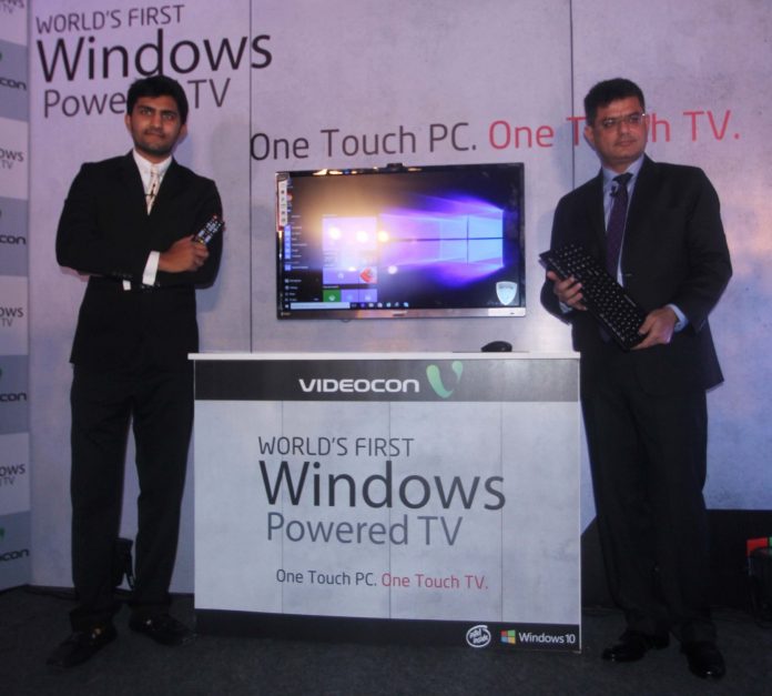 New Delhi: (L to R) Videocon technology head Akshay Dhoot and Microsoft Director (Windows Business Group) Vineet Durani during the launch of Windows 10 powered LED TV in New Delhi on Oct 28, 2015. (Photo: IANS)