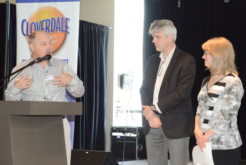 Cloverdale Chamber President, John Gibeau, thanks Don Luymes and Laurie Cavan following their presentation. Photo: Ray Hudson