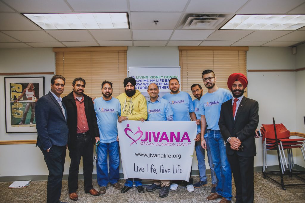 Pictured from the left, Vikramjit S. Rai (liver recipient), Balwinder S Mahal (liver recipient), Rick Lidder (Liver recipient), Manjinder Singh (Jivana Volunteer), Jagtar Gill (liver recipient) Sunny Tutt (heart recipient), Jasbir S. Gill (liver recipient), Jaspreet S. Oberoi (heart recipient), Harprett Singh, Jivana Advocate and event MC. Photo by Premdeep Saran