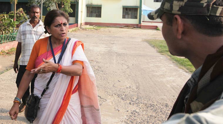 BJP candidate from Howrah Uttar Assembly constituency Roopa Ganguly at the polling booth on Monday where she allegedly assaulted a TMC worker.