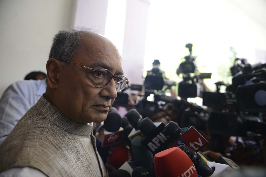 New Delhi: Congress general secretary Digvijaya Singh addresses after the Congress Working Committee meeting in New Delhi, on April 17, 2015. (Photo: IANS)