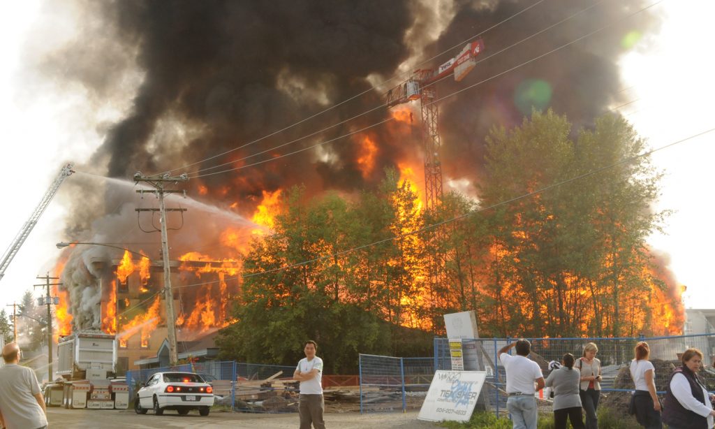 A section of the uncompleted Quattro condo complex in North Surrey burned in October 2008, damaging one end of a completed but unoccupied adjacent section. Photo: Ray Hudson