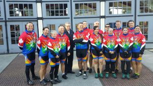 Assistant Commissioner and Lower Mainland District Commander Bill Fordy wishes RCMP members a safe ride as they head out on the first day of their 800 kilometre Cops for Cancer Tour de Coast ride from Maple Ridge to Pemberton with many stops in between.
