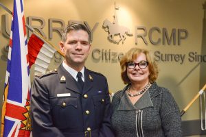Chief Superintendent Dwayne McDonald is introduced by Mayor Linda Hepner at Surrey’s main detachment. Photo: Ray Hudson