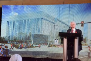 SFU President Andrew Petter electronically unveils the new building designed by the late Bing Thom, the architect whose designs dominate the Surrey City downtown core.