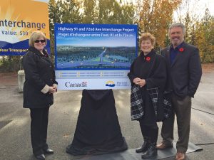 Delta MP Carla Qualtrough, Delta Mayor Lois Jackson and Scott Hamilton, MLA North Delta present the approved Highway 91/72nd Avenue Interchange design.
