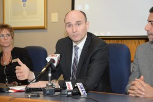 From left, Marlyn Graziano, Kwantlen Polytechnic University, Hon. Jean-Yves Duclos and Sukh Dhaliwal, MP Surrey Newton at the pre-budget press conference at Kwantlen Polytechic University.
